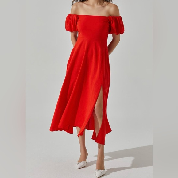 Astr Dresses & Skirts - ASTR the Label Off the Shoulder A- Line Linen Red Dress Sz XL